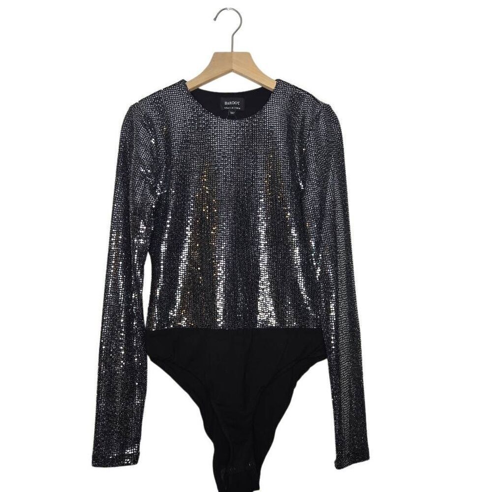 Bardot Long Sleeve Silver Black Bodysuit Size Small Sparkly